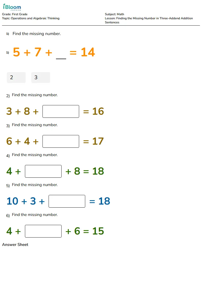 Free Finding the Missing Number in Three-Addend Addition Sentences Worksheets for First Grade | iBloom