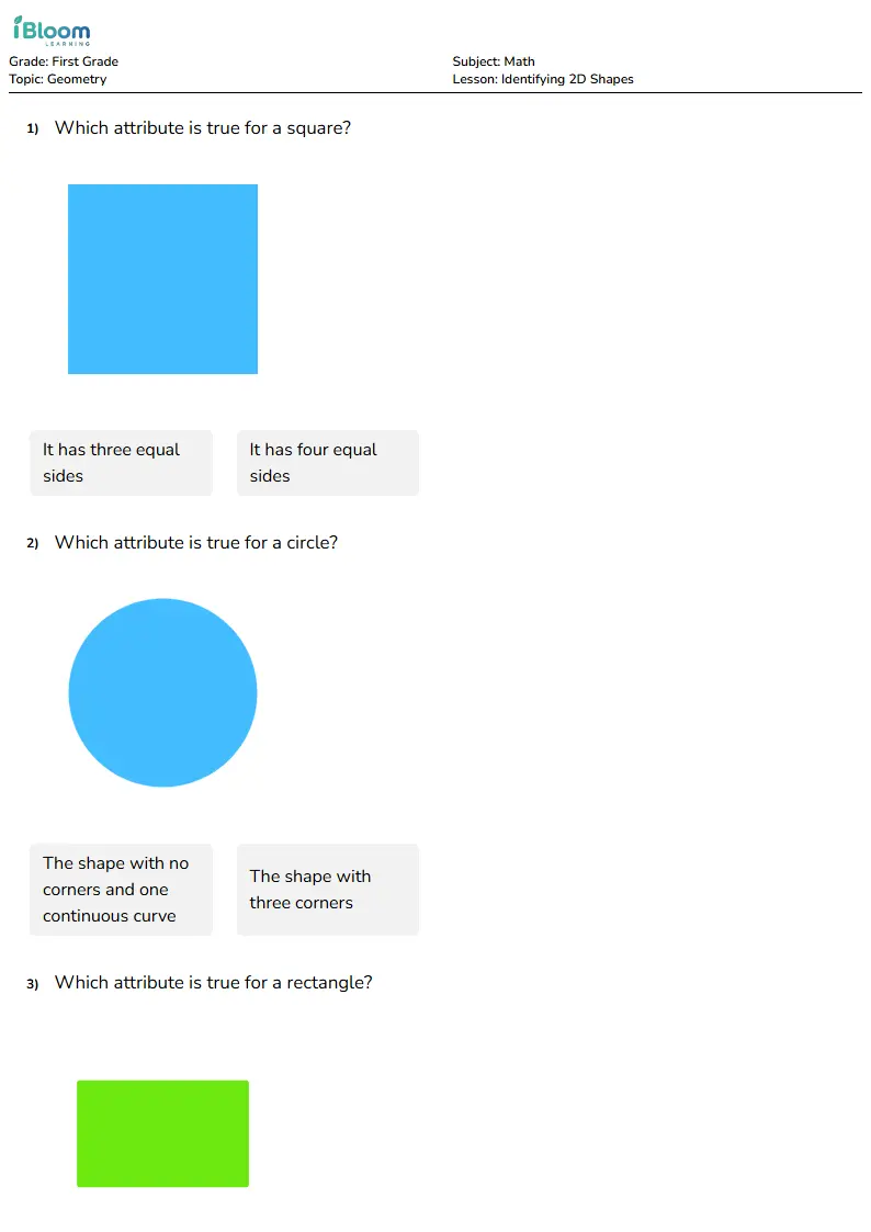 Free Identifying 2D Shapes Worksheets for First Grade | iBloom