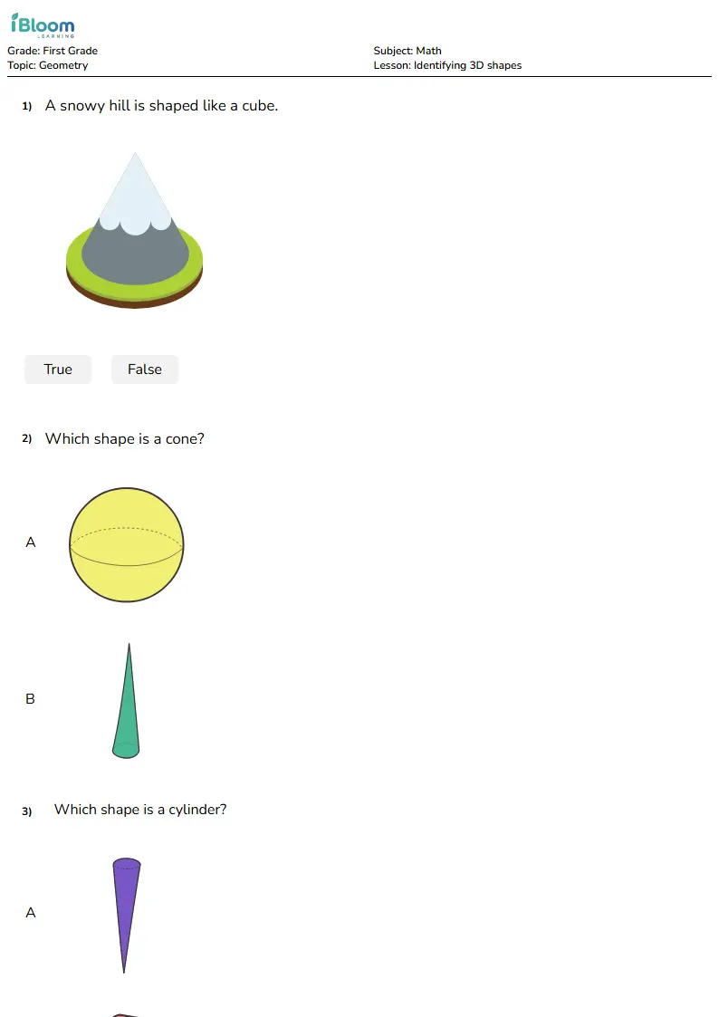 Free Identifying 3D shapes Worksheets for First Grade | iBloom
