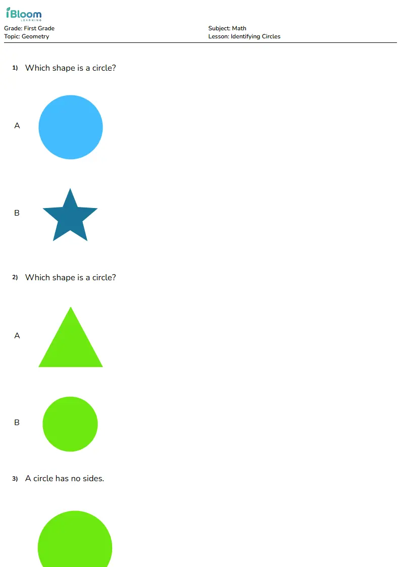 Free Identifying Circles Worksheets for First Grade | iBloom