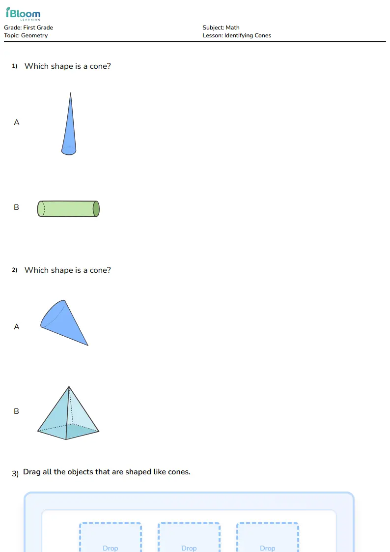 Free Identifying Cones Worksheets for First Grade | iBloom