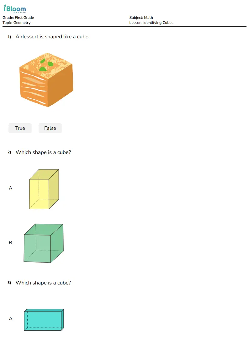 Free Identifying Cubes Worksheets for First Grade | iBloom