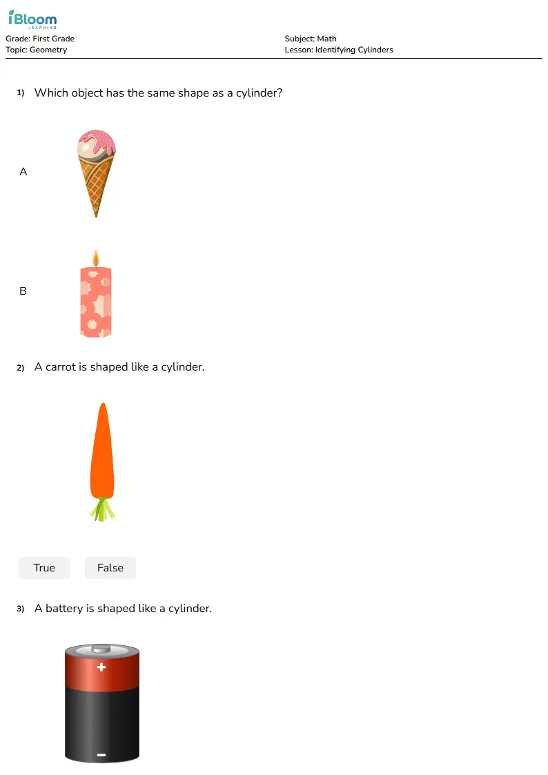 Free Identifying Cylinders Worksheets for First Grade | iBloom