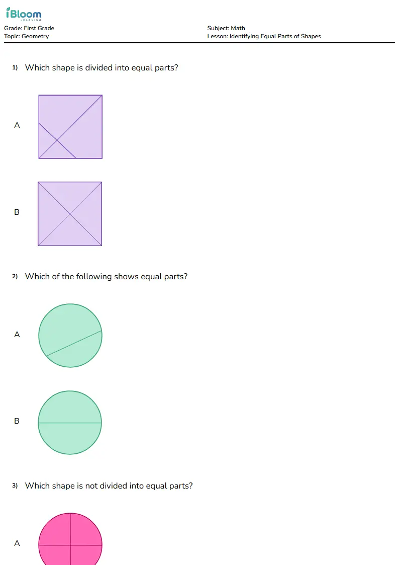 Free Identifying Equal Parts of Shapes Worksheets for First Grade | iBloom