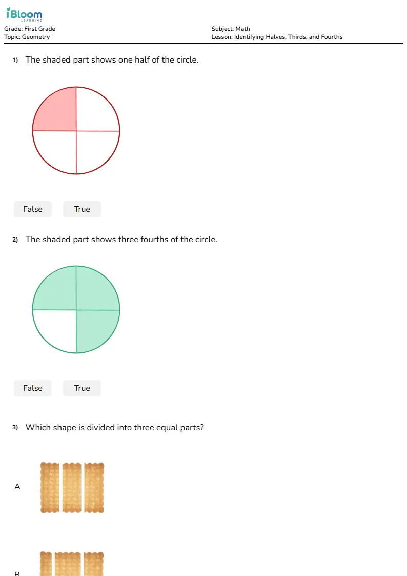 Free Identifying Halves, Thirds, and Fourths Worksheets for First Grade | iBloom