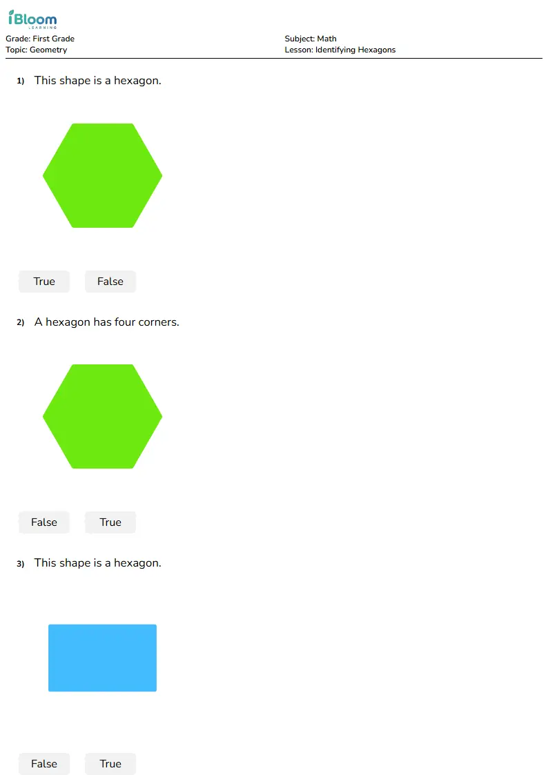 Free Identifying Hexagons Worksheets for First Grade | iBloom