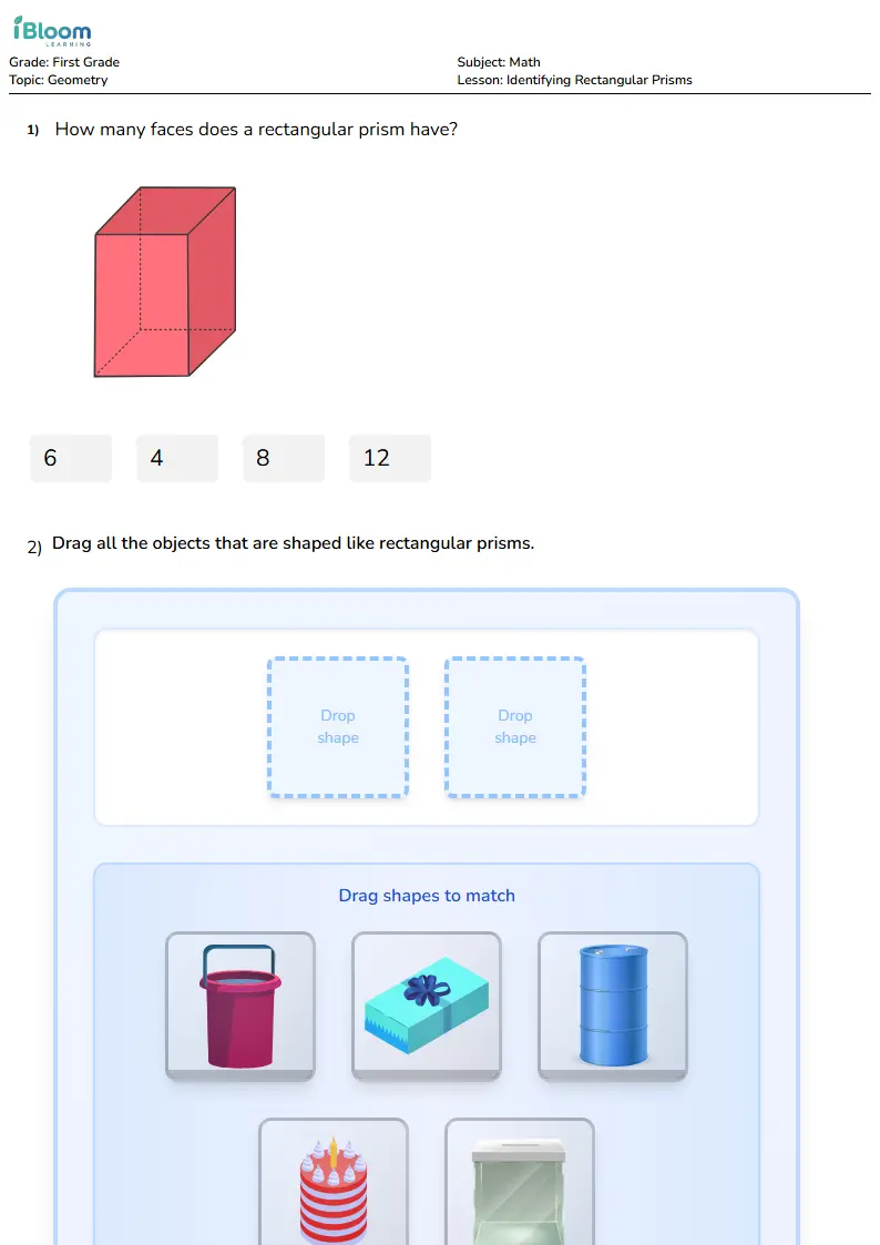 Free Identifying Rectangular Prisms Worksheets for First Grade | iBloom