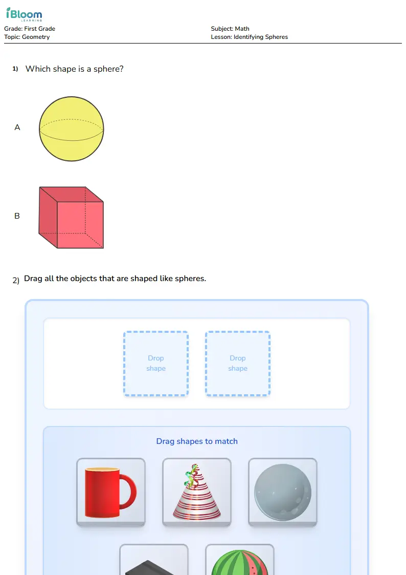 Free Identifying Spheres Worksheets for First Grade | iBloom