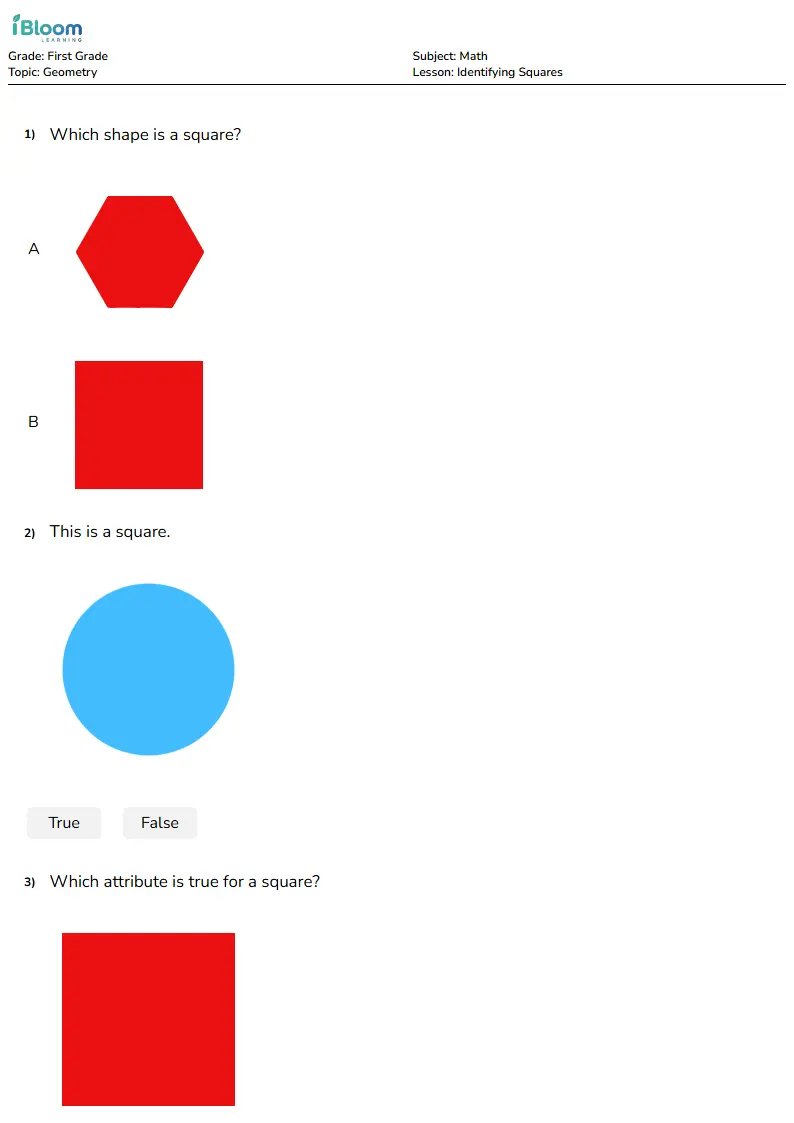 Free Identifying Squares Worksheets for First Grade | iBloom