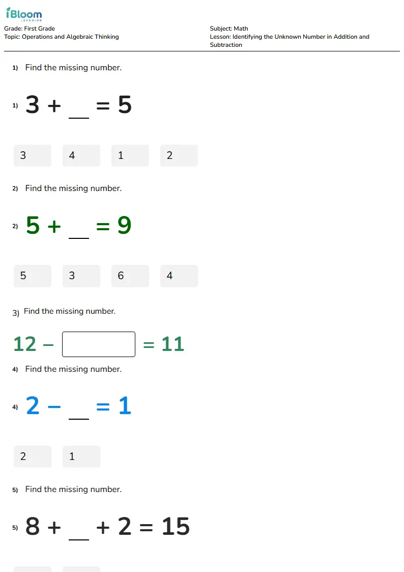 Free Identifying the Unknown Number in Addition and Subtraction Worksheets for First Grade | iBloom