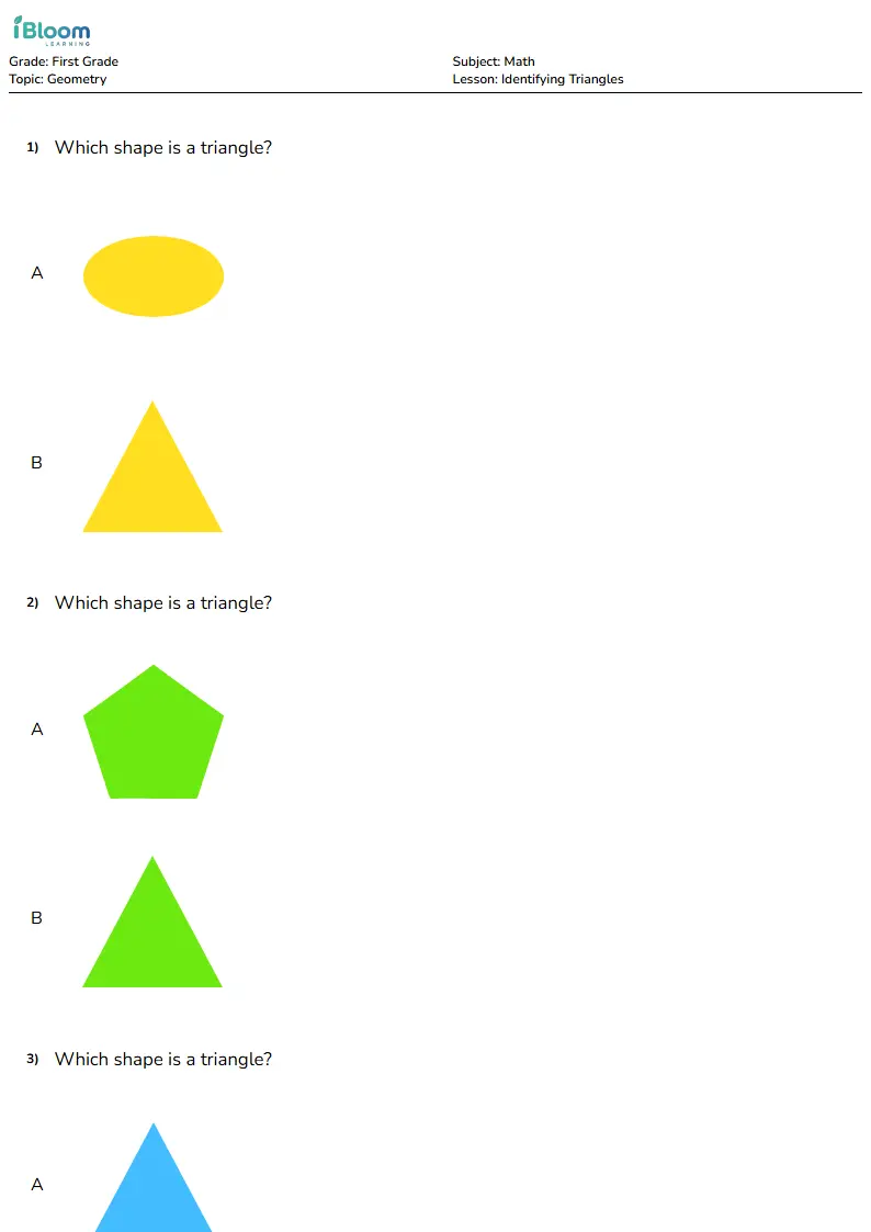 Free Identifying Triangles Worksheets for First Grade | iBloom