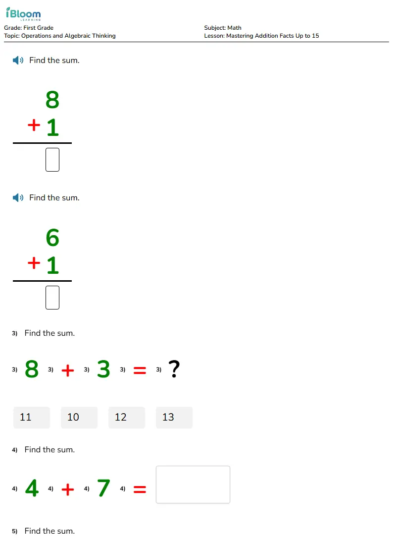 Free Mastering Addition Facts Up to 15 Worksheets for First Grade | iBloom