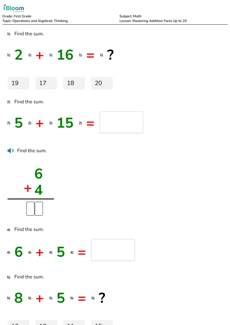 Free Mastering Addition Facts Up to 20 Worksheets for First Grade | iBloom