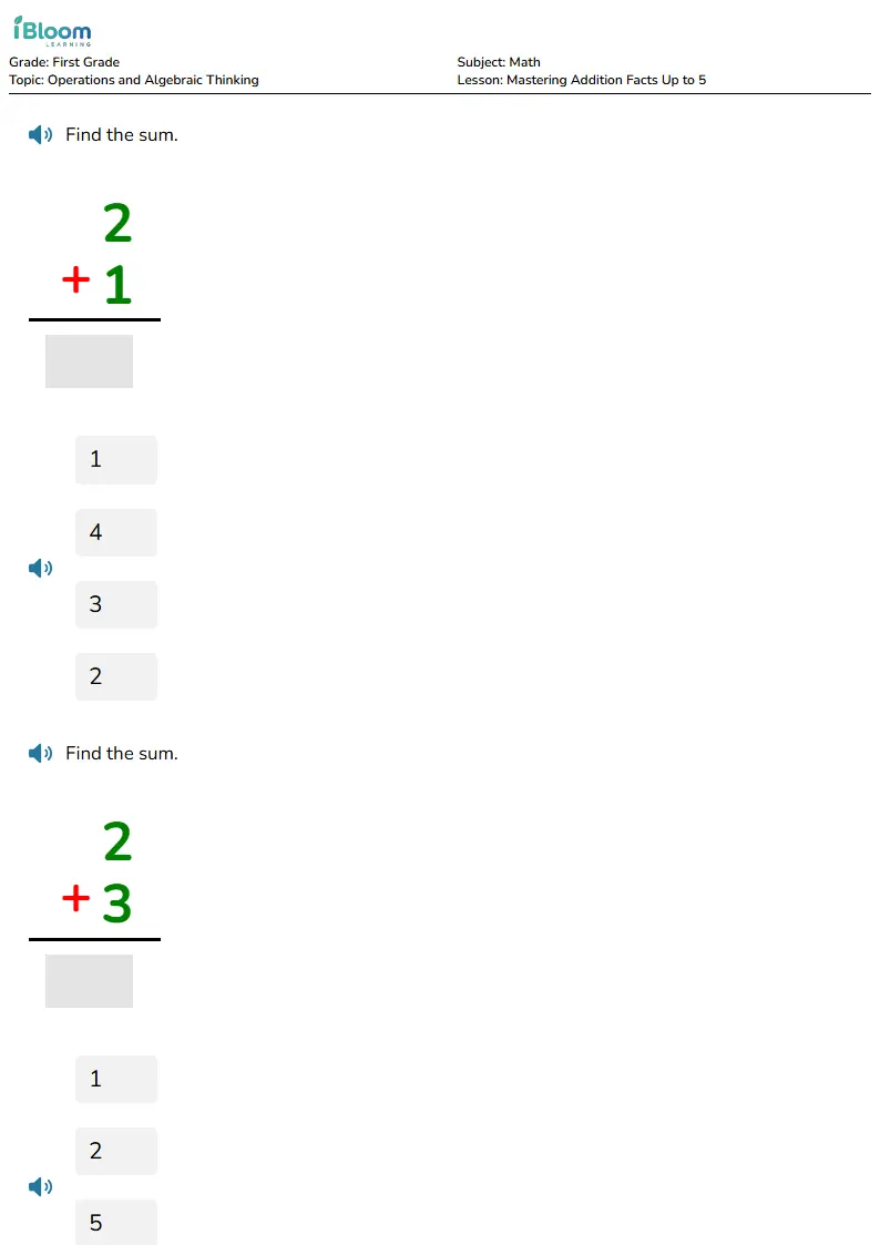 Free Mastering Addition Facts Up to 5 Worksheets for First Grade | iBloom