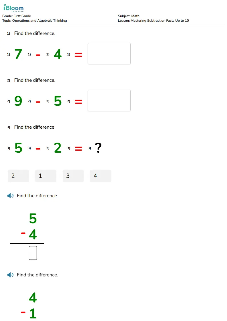 Free Mastering Subtraction Facts Up to 10 Worksheets for First Grade | iBloom