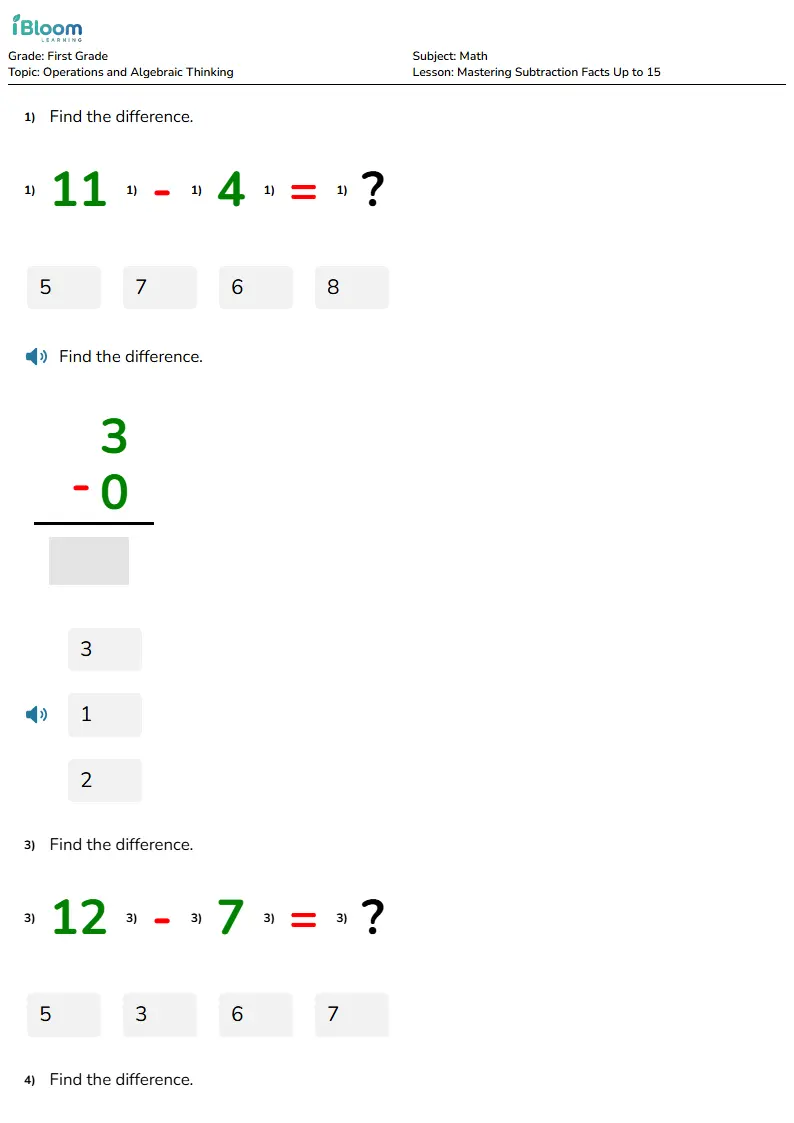 Free Mastering Subtraction Facts Up to 15 Worksheets for First Grade | iBloom