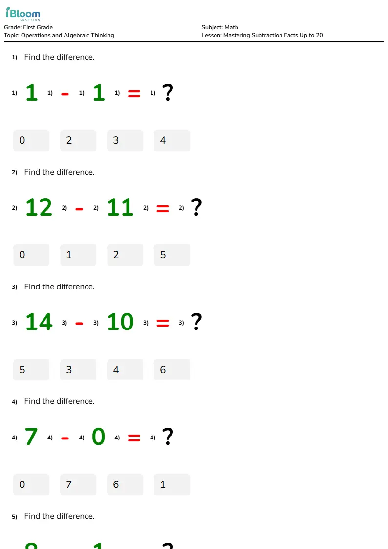 Free Mastering Subtraction Facts Up to 20 Worksheets for First Grade | iBloom