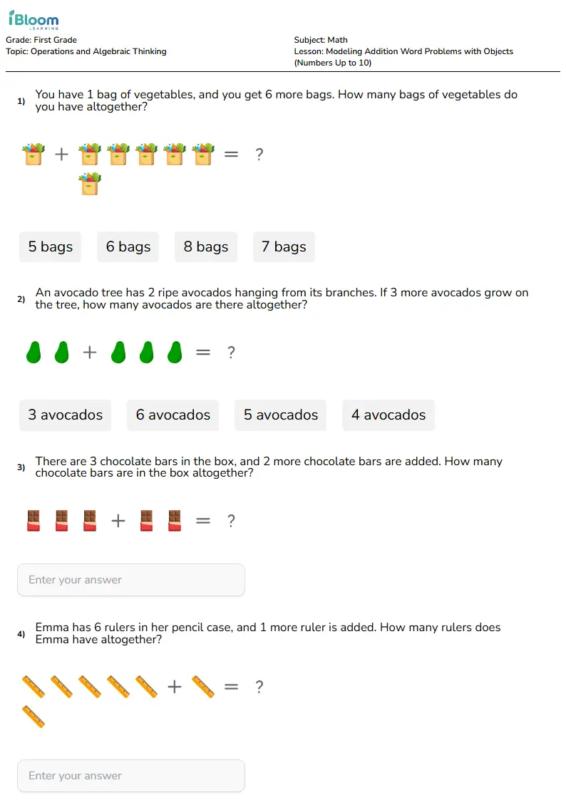 Free Modeling Addition Word Problems with Objects…