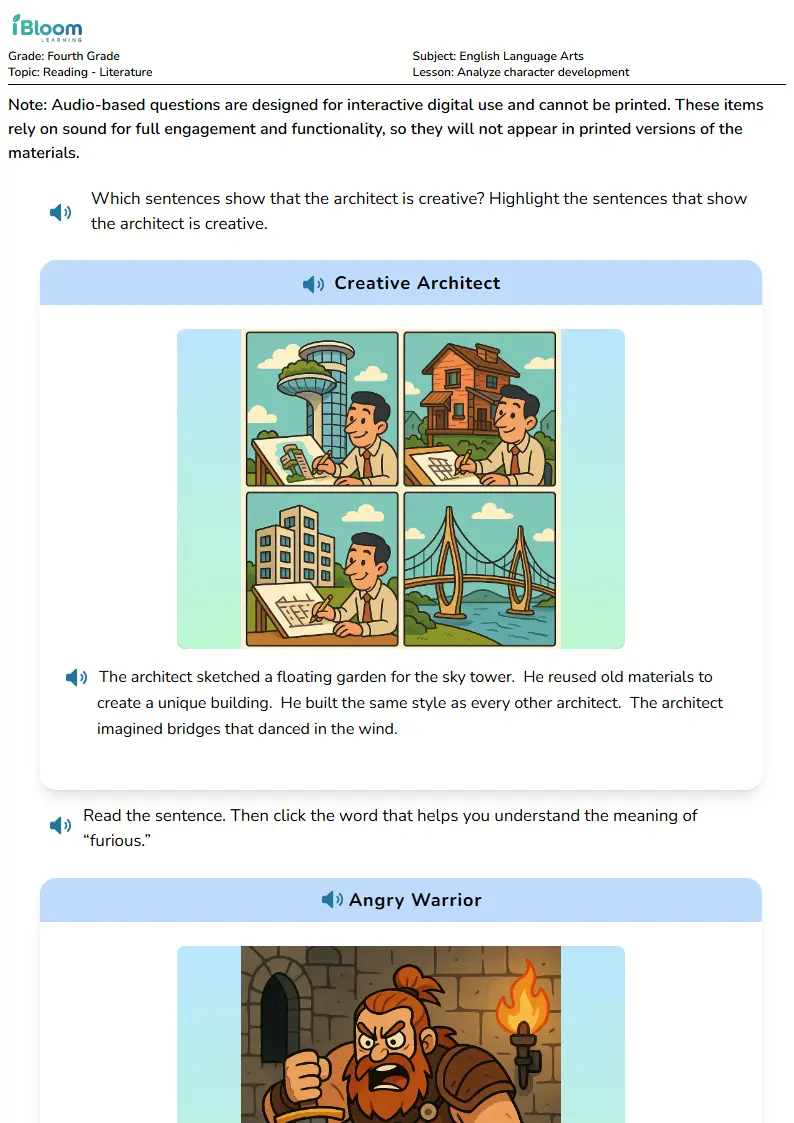 Free Analyze character development Worksheets for Fourth Grade