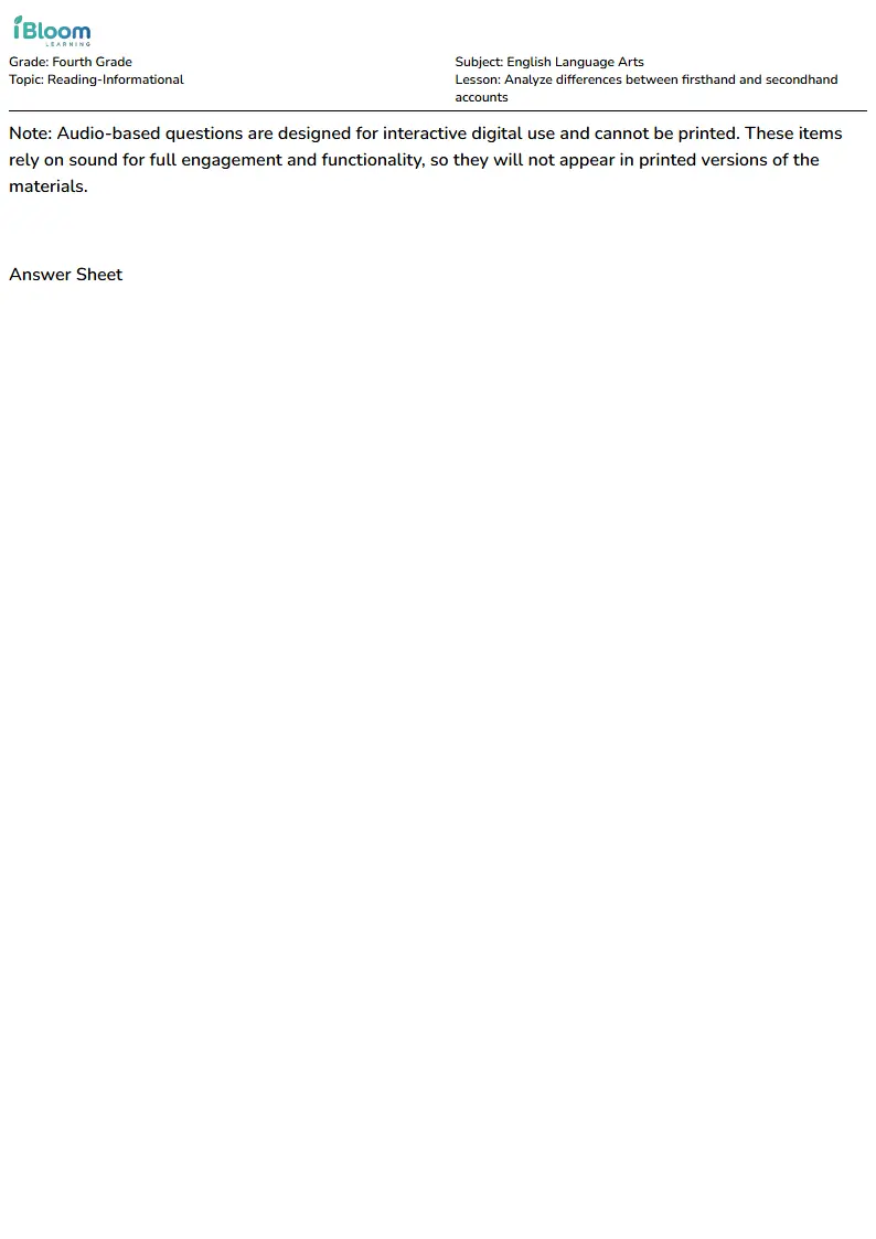 Free Analyze differences between firsthand and secondhand accounts Worksheets for Fourth Grade