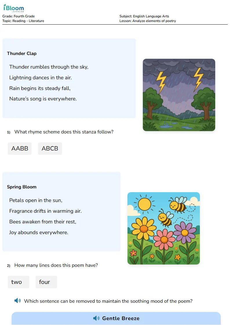 Free Analyze elements of poetry Worksheets for Fourth Grade