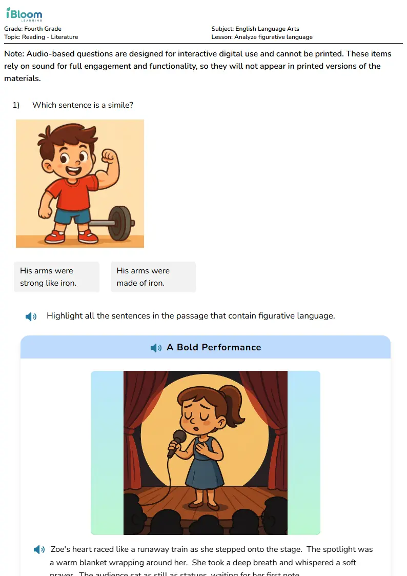 Free Analyze figurative language Worksheets for Fourth Grade