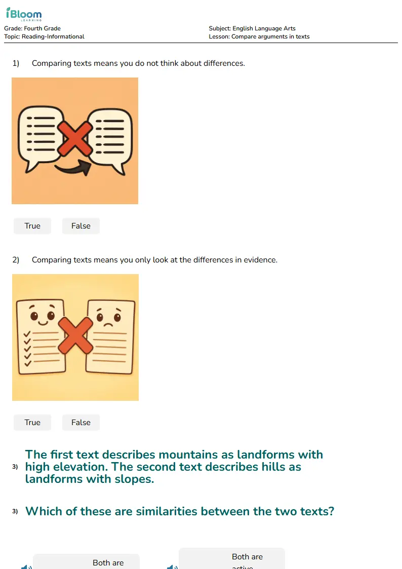 Free Compare arguments in texts Worksheets for Fourth Grade