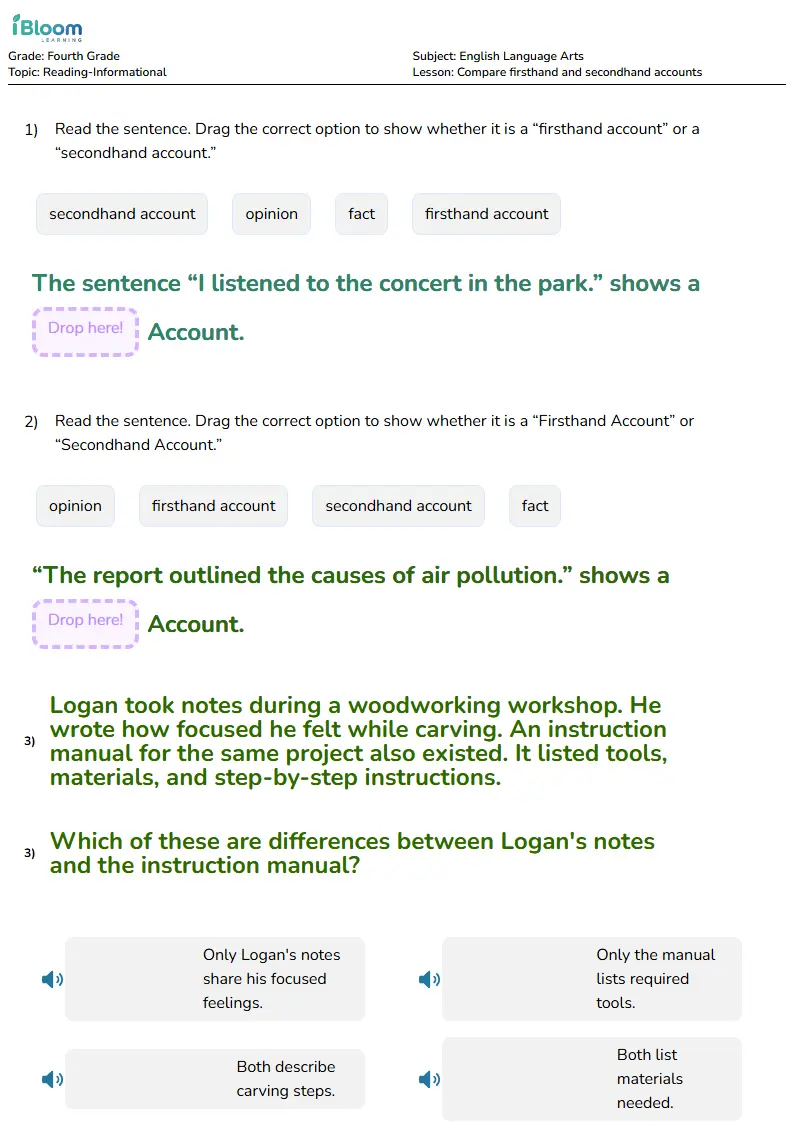 Free Compare firsthand and secondhand accounts Worksheets for Fourth Grade