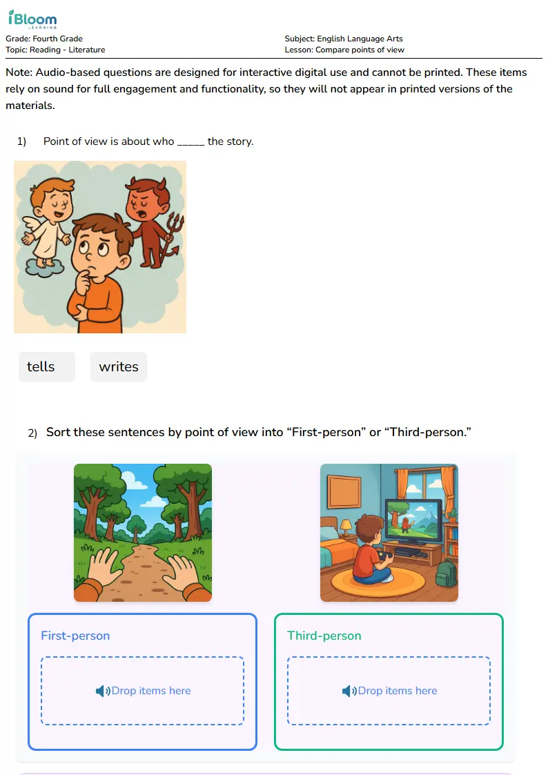 Free Compare points of view Worksheets for Fourth Grade