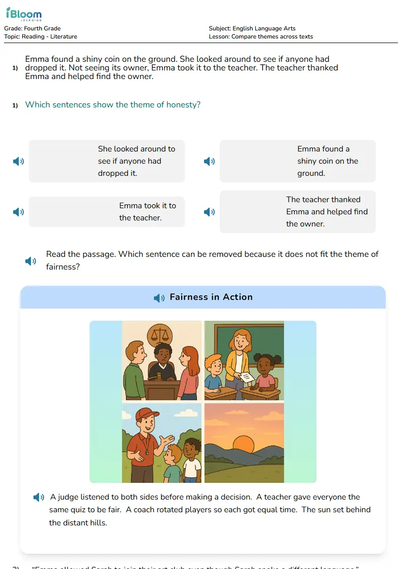 Free Compare themes across texts Worksheets for Fourth Grade