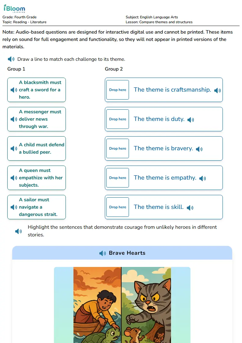 Free Compare themes and structures Worksheets for Fourth Grade