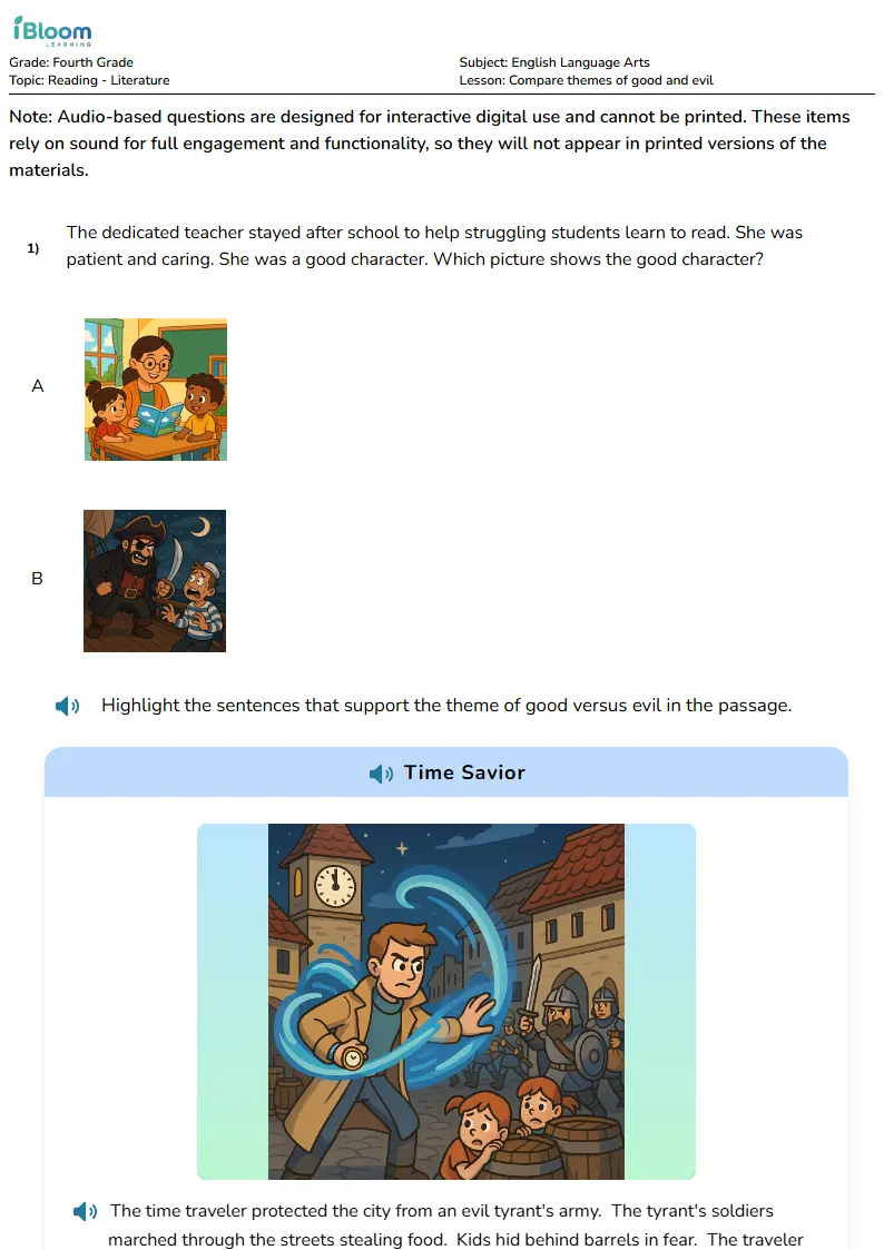 Free Compare themes of good and evil Worksheets for Fourth Grade