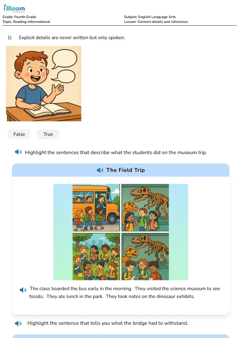 Free Connect details and inferences Worksheets for Fourth Grade