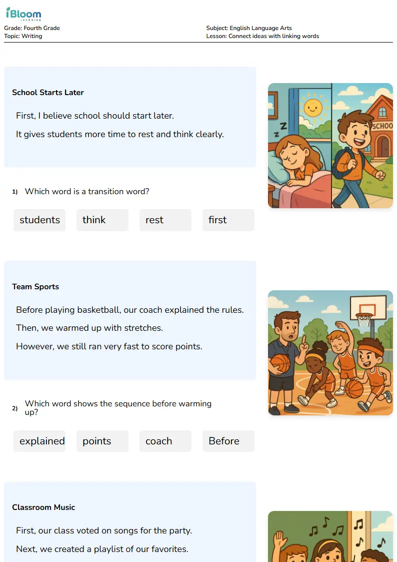 Free Connect ideas with linking words Worksheets for Fourth Grade