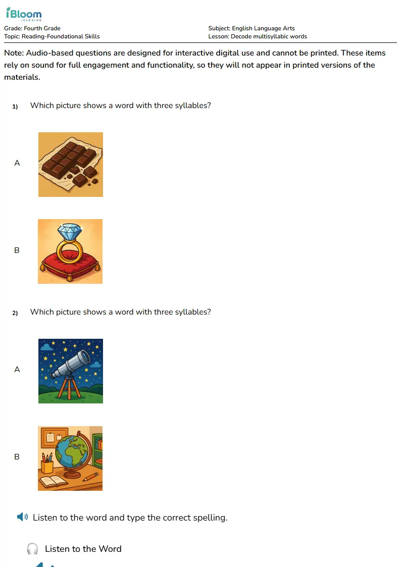 Free Decode multisyllabic words Worksheets for Fourth Grade | iBloom