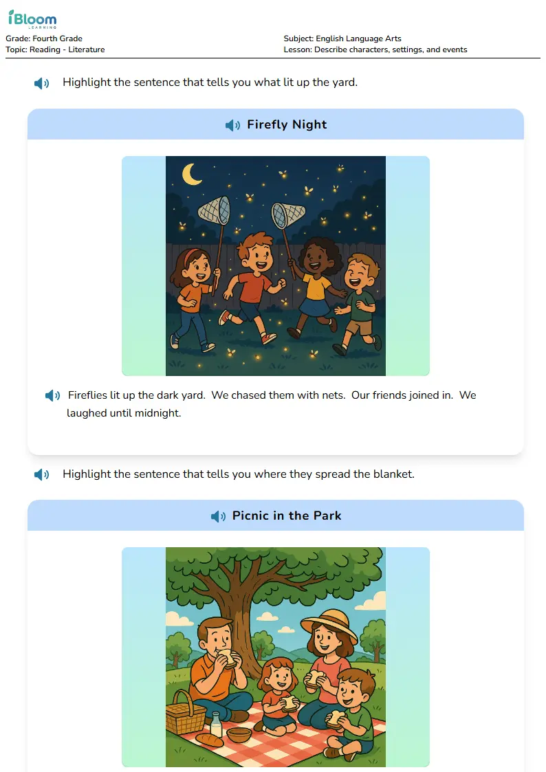 Free Describe characters, settings, and events Worksheets for Fourth Grade | iBloom