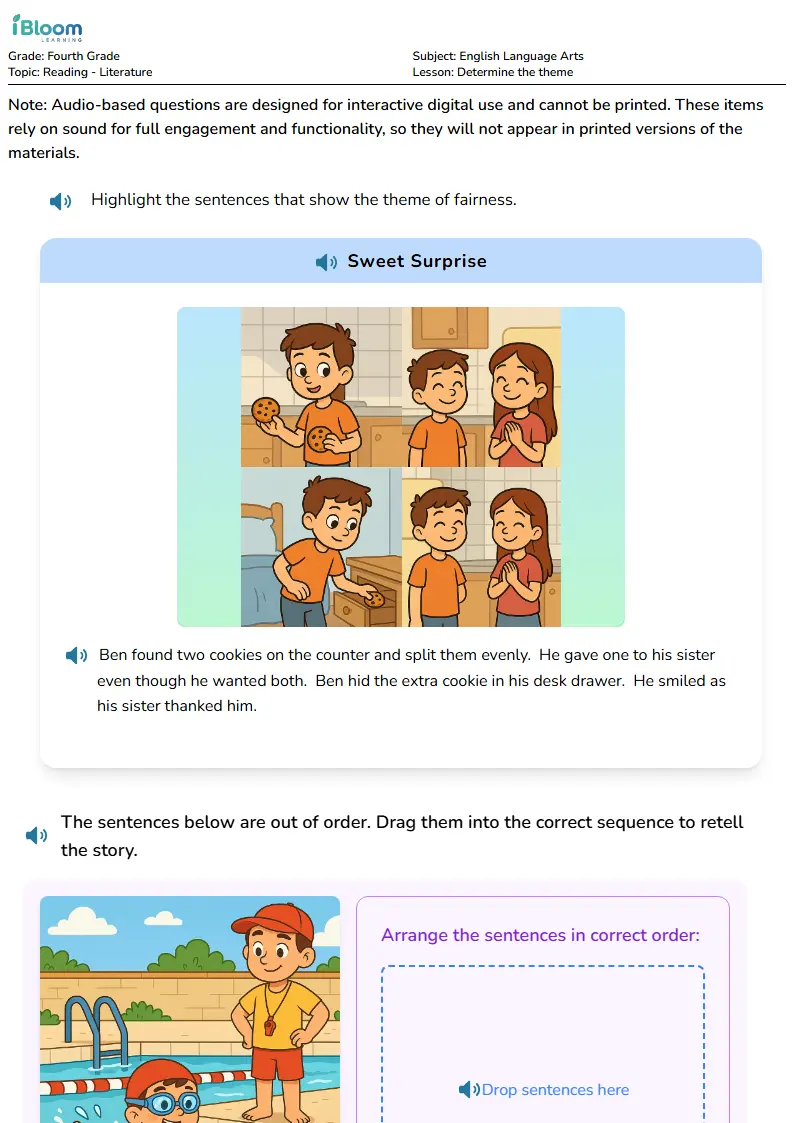 Free Determine the theme Worksheets for Fourth Grade | iBloom
