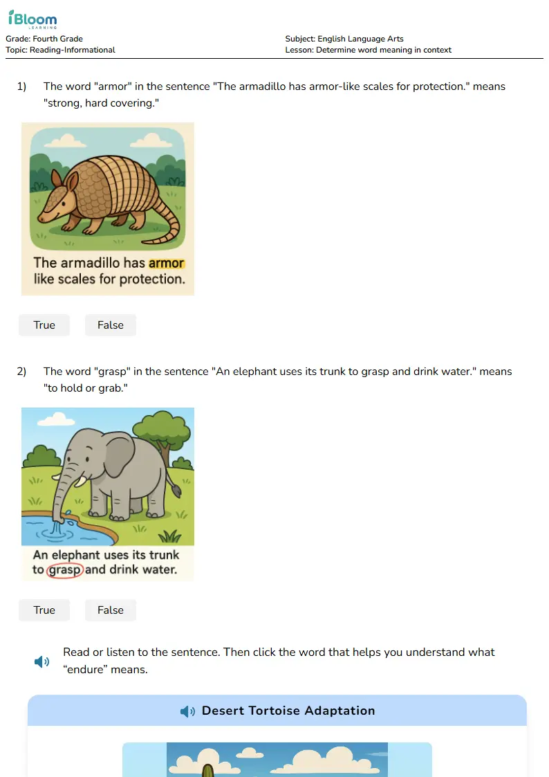 Free Determine word meaning in context Worksheets for Fourth Grade | iBloom