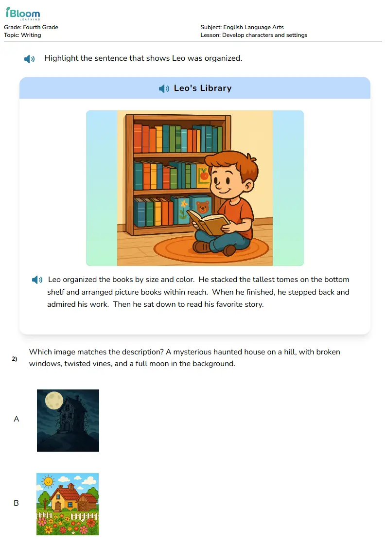 Free Develop characters and settings Worksheets for Fourth Grade | iBloom