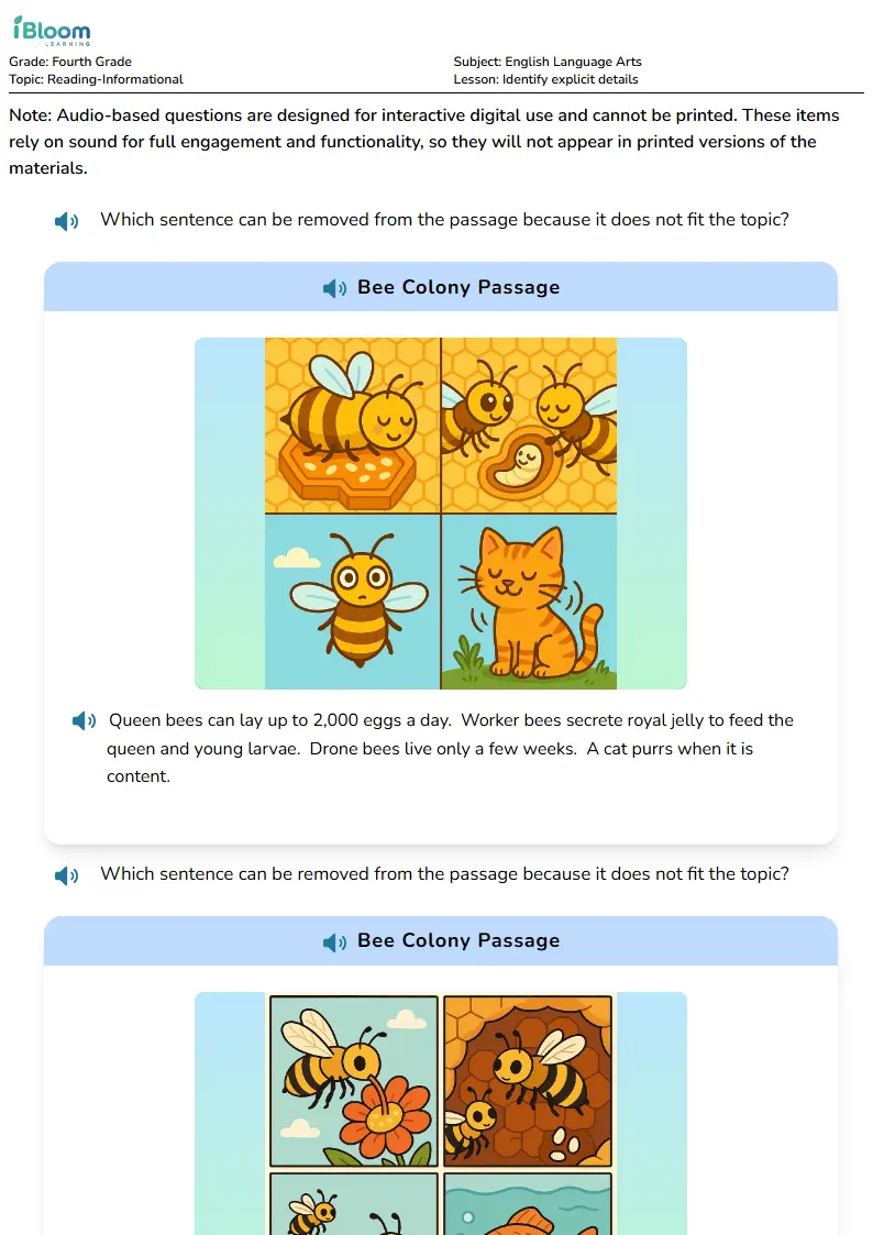 Free Identify explicit details Worksheets for Fourth Grade | iBloom
