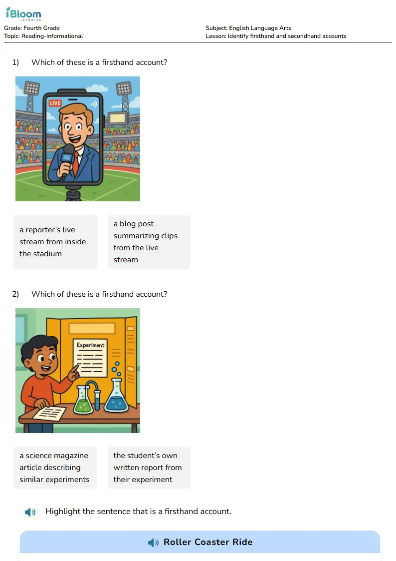 Free Identify firsthand and secondhand accounts Worksheets for Fourth Grade | iBloom