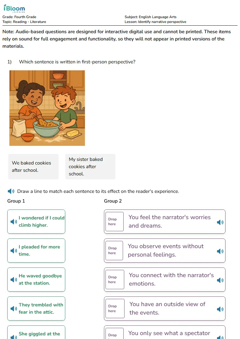 Free Identify narrative perspective Worksheets for Fourth Grade | iBloom
