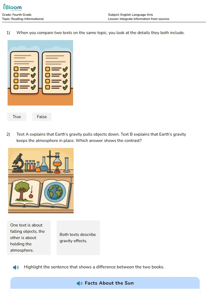 Free Integrate information from sources Worksheets for Fourth Grade | iBloom