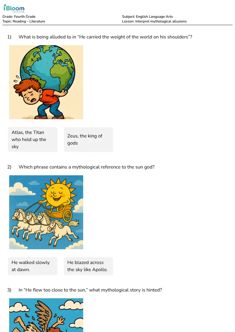 Free Interpret mythological allusions Worksheets for Fourth Grade | iBloom