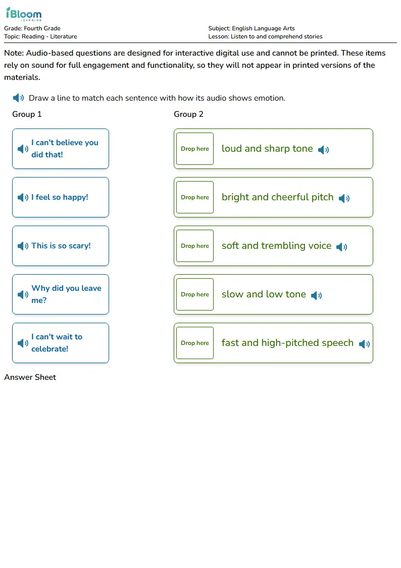 Free Listen to and comprehend stories Worksheets for Fourth Grade | iBloom