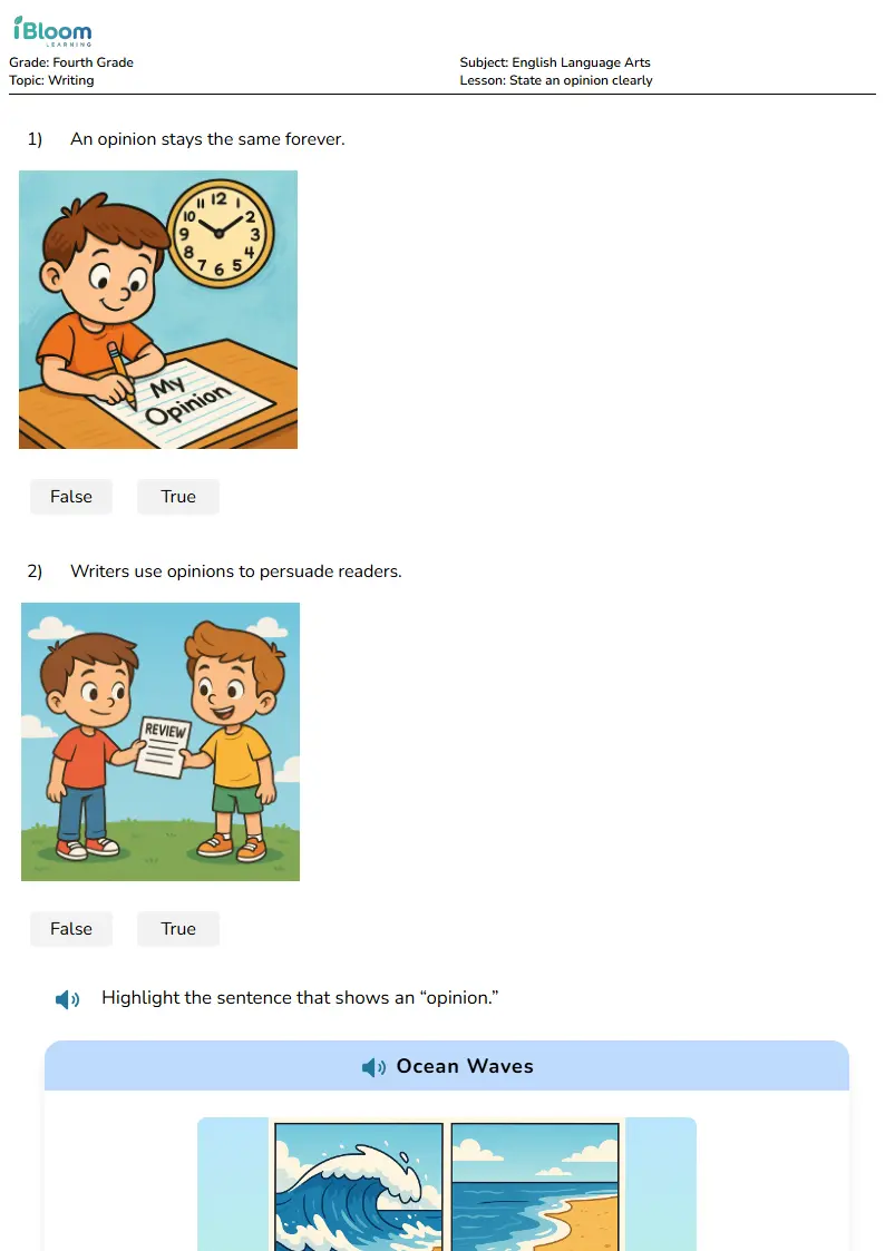 Free State an opinion clearly Worksheets for Fourth Grade | iBloom