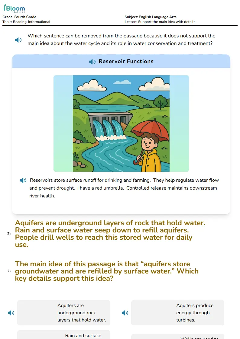 Free Support the main idea with details Worksheets for Fourth Grade | iBloom