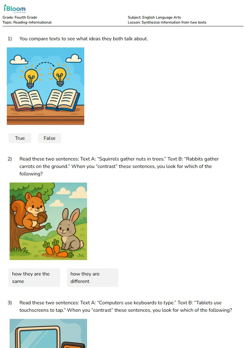 Free Synthesize information from two texts Worksheets for Fourth Grade | iBloom