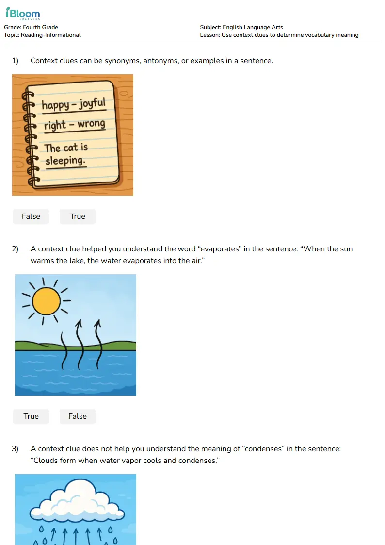 Free Use context clues to determine vocabulary meaning Worksheets for Fourth Grade | iBloom
