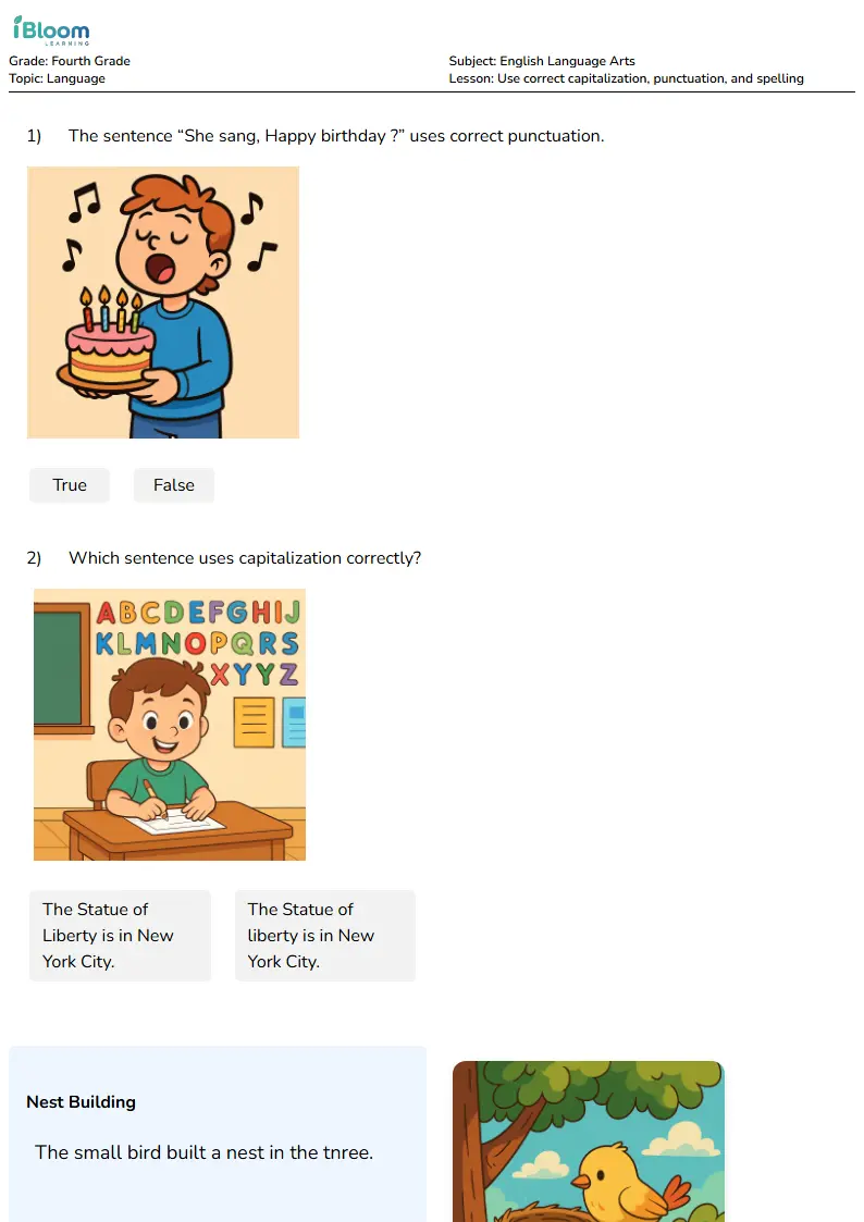 Free Use correct capitalization, punctuation, and spelling Worksheets for Fourth Grade | iBloom